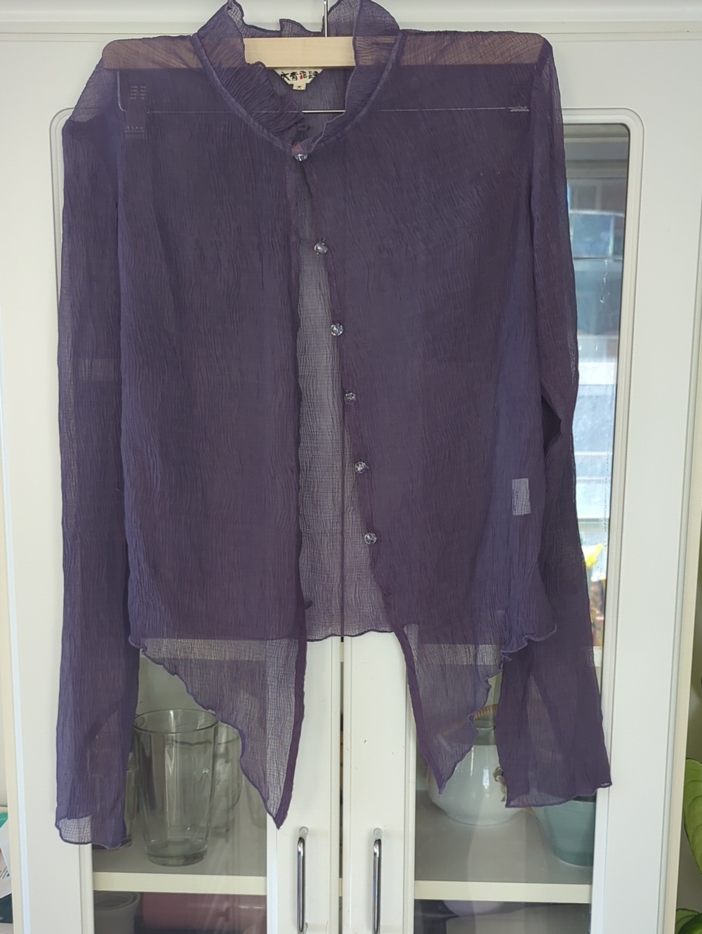 Sheer Dark Purple Button-Front Tunic Blouse